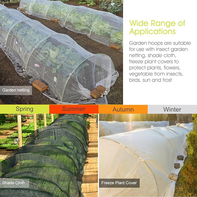 RIFNY 6 PCS Garden Hoops for Raised Beds, Greenhouse Hoops Kit Long Grow Tunnel for Row Cover, Rust-Free Fiberglass Garden Support Poles for Insect Mesh Netting Freeze Plant Cover (Green)
