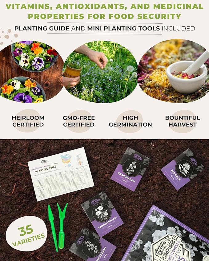 35 Tactiko Edible Flower & Herb Seeds Kit Variety - USA Grown Heirloom Non-GMO Open-Pollinated Seeds for Planting - Indoor Outdoor Gardening - Survival Long-Term Storage - Resealable Mylar Bag