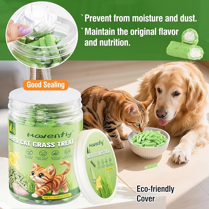 Havenfly Cat Grass Teething Sticks, 3.52oz Edible Natural Dried Cat Grass Treats with Chicken, Cats Snack for Hairball Removal and Dental Care