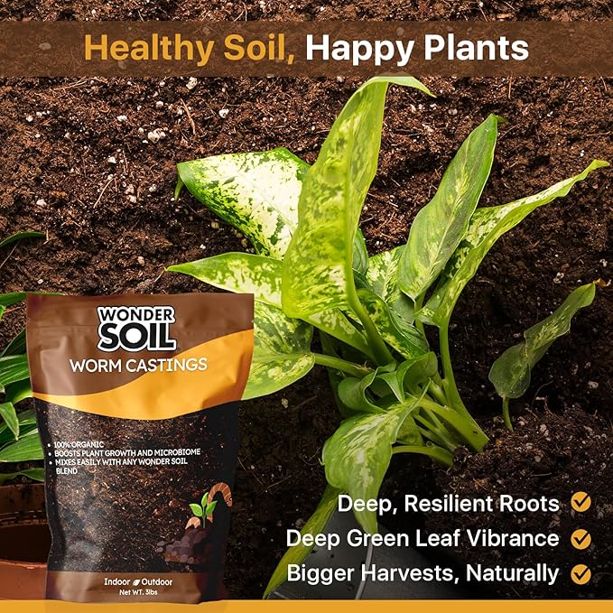 WONDER SOIL | Premium Organic Worm Castings for Plants | 3 lbs (2 Quarts) Bag Natural Soil Amendment for Indoor & Outdoor Plants, Vegetables, Flowers, Gardens | Fertilizer & Compost Enhancer | 3LBS