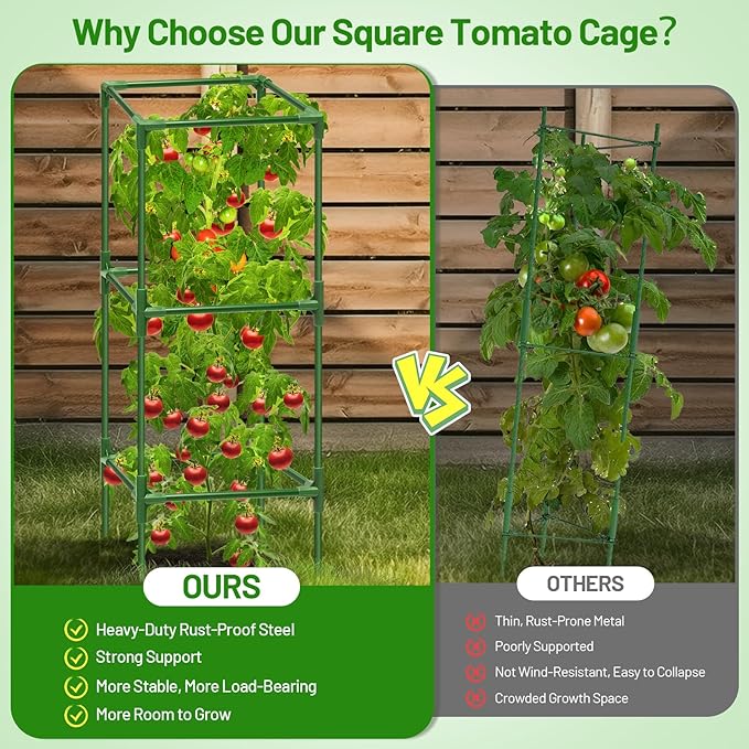 Legigo 6 Pack Square Tomato Cages- 45 Inch Heavy Duty Tomato Trellis for Climbing Plants Outdoor, Tomato Plant Support Stakes Cage Garden Trellis for Garden Raised Garden Bed Cucumbers Vegetables