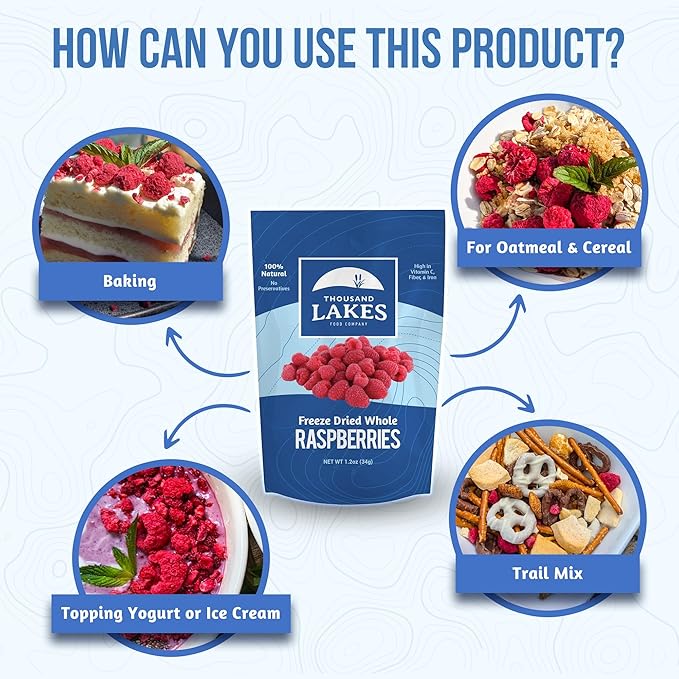 Thousand Lakes Freeze Dried Fruit - Raspberries - Bulk 5.6 ounces | No Sugar Added | 100% Whole Raspberries