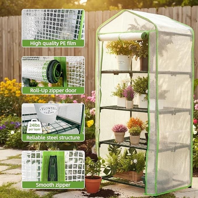 Mini Greenhouse for Indoor Outdoor, Small Plants Green House with 4 Tier Shelves, Portable Plastic Greenhouses with Durable PE Cover for Garden Backyard Patio Balcony Porch (White)