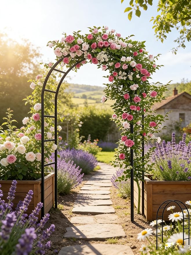 Thickened Tube Garden Arch,7.3ft Heavy-Duty Metal with 16mm Steel Tubes & 0.5mm Thickened Wall, Durable Outdoor Trellis for Climbing Plants,Roses,Garden Party,Ceremony & Decorations (Black)