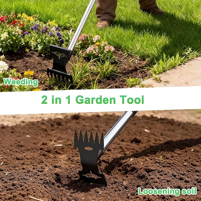 Weed Puller Tool with Long Handle，Adjustable Long Manual Weeder Remover Tool，2 in 1 Hand Weed Rake and Garden Hoe for Gardening, Uprooting Weeding Tool for Yard, Lawn, Patio, Garden