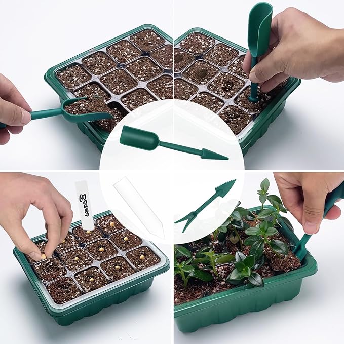 Seed Starter Tray with Plant Light, 4 Pack Grow Lights for Seed Starting Kit with Humidity Domes, Timing Controller Adjustable Brightness for Greenhouse Propagator Station Planting Growing