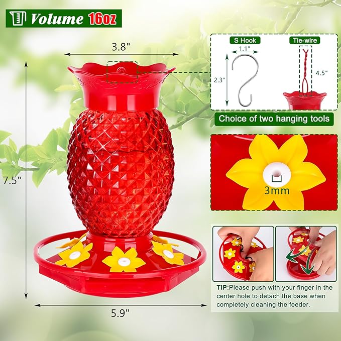 Fchstaer Glass Hummingbird Feeders for Outdoors Hanging Ant and Bee Proof 16OZ 1 Pack Red Pineapple Humming Bird Feeder with 6 Feeding Ports and Ant Moat Hummingbird Gifts for Women Garden Decor