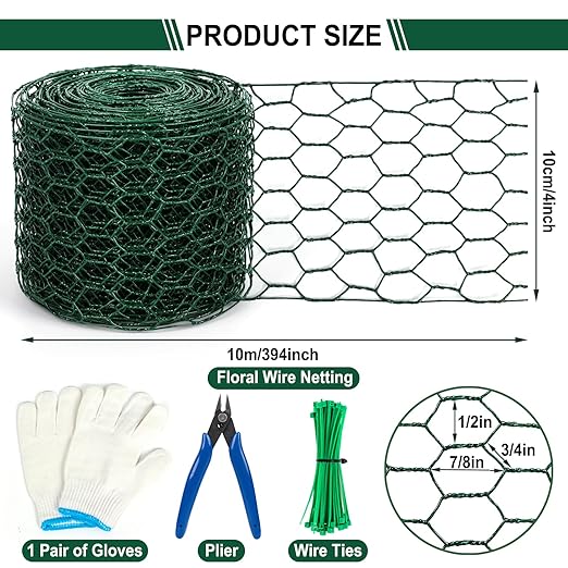 Floral Wire Netting, 4 x 394 Inch Flower Mesh Netting, Chicken Wire for Floral Arrangement, Galvanized Hexagonal Chicken Wire Fence with Plier Gloves, Protect Plant & Decorate Flower Arch, DIY Craft