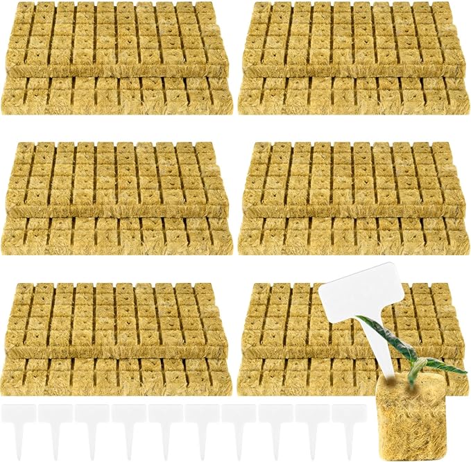 600 Pieces 1'' Rockwool Cubes for Hydroponics, Rock Wool Planting Cubes with 10 Plant Name Tags Rockwool Starter Plugs Mini Blocks for Soilless Cultivation Seedlings Cutting