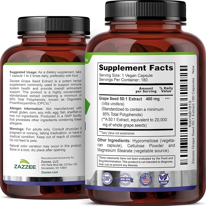 Zazzee High Strength Grape Seed 50:1 Extract, 180 Vegan Capsules, 95% Polyphenols, 400 mg per Capsule, 6 Month Supply, Standardized and Concentrated 50X Extract, Non-GMO, Made in The USA