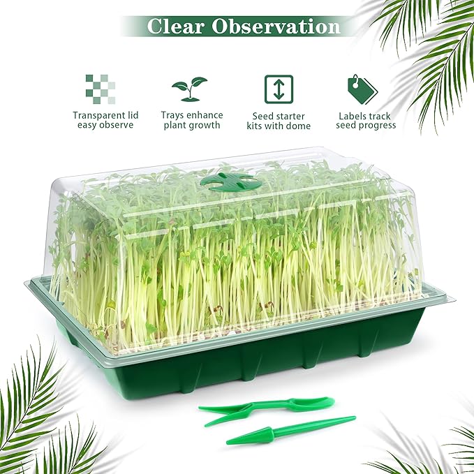 6 Packs Seed Starter Tray Kits with Humidity Dome, Plastic Germination Growing Trays with Plants Labels Planting Tools for Seeds Growing Starting, Germination Seedling Propagation, Green