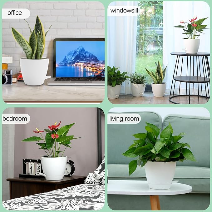 GARDIFE Self Watering Plant Pots with Drainage Holes,6 Pack 7 inch Plastic Flower Pots,Put On Indoor & Outdoor & Window Sill (7 inch|6 pcs, White)