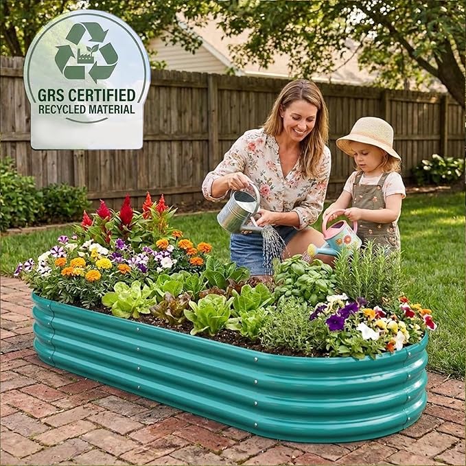 Raised Garden Bed GRS Certified Galvanized Planter Box Outdoor, 5ft Oval Rot-Resistant Metal Garden Bed Planter, Recycled Material Planter for Vegetables Flowers Herbs (Green)