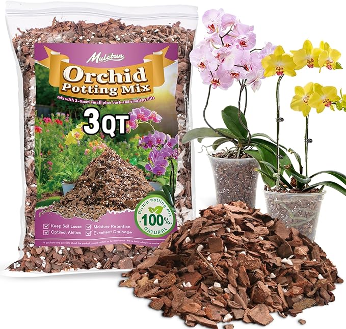 3QT Orchid Bark Potting Mix, Natural Orchid Potting Mix for Repotting, Blended with Small Pine Bark and Perlite to Provide Ideal Ventilation and Good Drainage for Orchids and Other Potted Plants