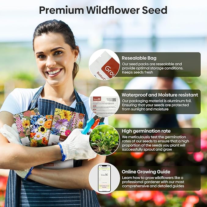 Groundio Wildflower Seeds Bulk, 1/4 lb, 100,000+ Seeds, 26 Variety Mix with Zinnia, Milkweek Seed, Attracts Pollinators, Plant in Spring or Fall, Zones 3, 4, 5, 6, 7, 8, 9, 10