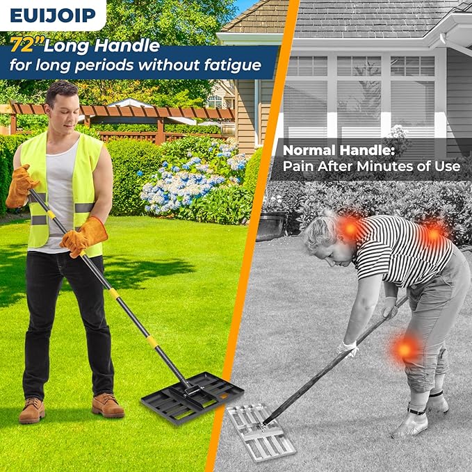 Professional Lawn Leveling Rake with 17x10in Heavy-Duty Stainless Steel Head & 72" Adjustable Handle - Grass Leveling Tool for Quick Soil Grading, Thatch Removal and Yard Maintenance