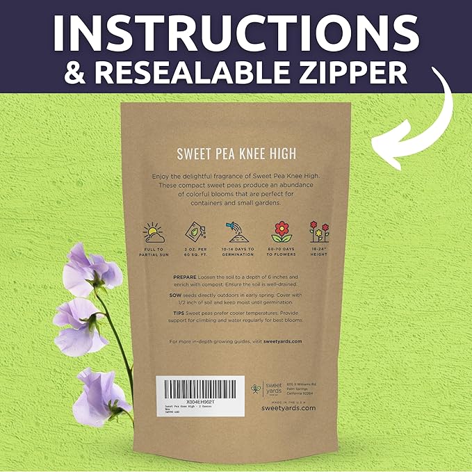Sweet Pea Knee High - Bulk 2 Ounce Pouch - 600 Flower Seeds for Planting - Lathyrus odoratus