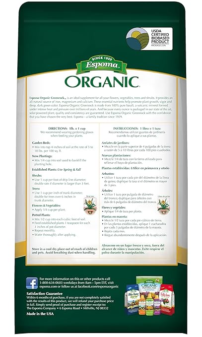Espoma Organic Greenrock All-Natural Mineral Supplement and Fertilizer for Organic Gardening. for Flowers, Vegetables, Trees & Shrubs. 7 lb. Bag Pack of 1