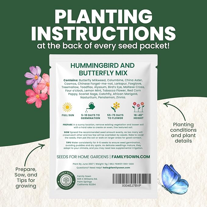 Hummingbird Butterfly Mix - Large 5g Envelope - 1,000 Flower Seeds for Planting - Wildflower Mix