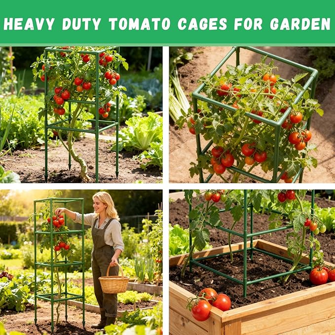 Riare 2 Pack Square Tomato Cages for Garden Plant Support- 60 Inch Heavy Duty Tomato Cage Garden Stakes Tomato Trellis for Climbing Plants Vegetables Flowers Outdoor Indoor
