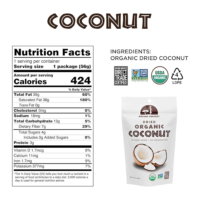Mavuno Harvest Coconut Chips Dried Fruit Snack | Unsweetened Organic Dried Coconut Strips | Gluten Free Snack | Healthy Snacks for Kids and Adults | Vegan, Non GMO, Direct Trade | 2 Ounce, Pack of 6