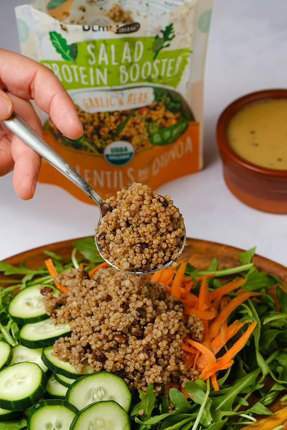 BeanVIVO 3-Pack Salad Protein Booster - Organic cooked Lentils & Quinoa with Garlic & Herbs, delivering a burst of taste and 10g of protein-packed goodness in every pouch 5oz