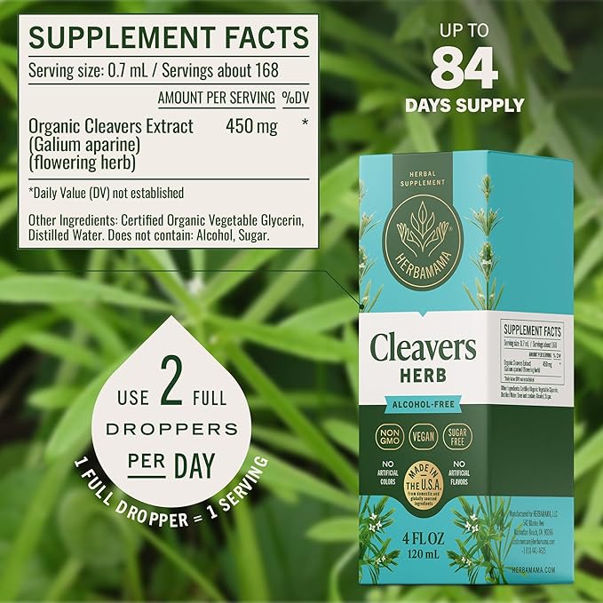 HERBAMAMA Cleavers Herb Tincture - Vegan Natural Detox & Cleanse Support with Cleavers Leaf Extract Drops - Non-GMO, Alcohol & Sugar-Free Liquid Herbal Supplement, 84-Day Supply