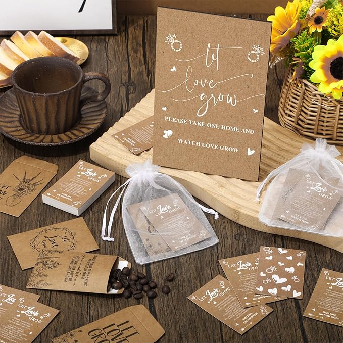 Ireer 101 Set Let Love Grow Wedding Favors for Guests Include 1 Wooden Sign 100 Self Adhesive Seed Packets Kraft Paper Seed Envelopes 100 Let Love Grow Cards 100 Bags for Guest Bridal Shower (Kraft)