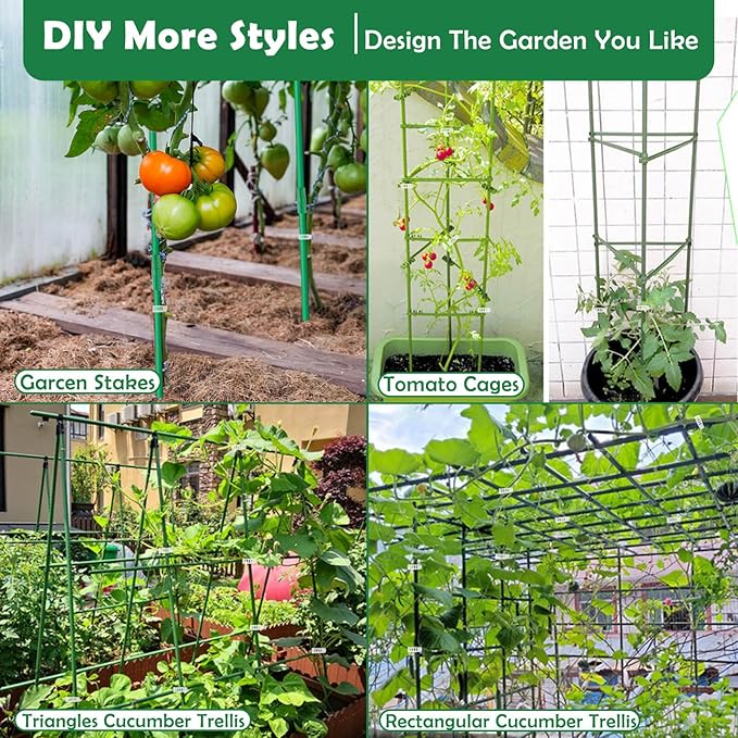 Cludoo 208PCS Garden Stakes Set with 60 Sets Fiberglass Plant Stakes Sticks Supports and Accessories, DIY 4ft 5ft 6ft 7ft Tomato Stakes for Tomato,Vegetables, Pepper, Fences Indoor Outdoor Plants