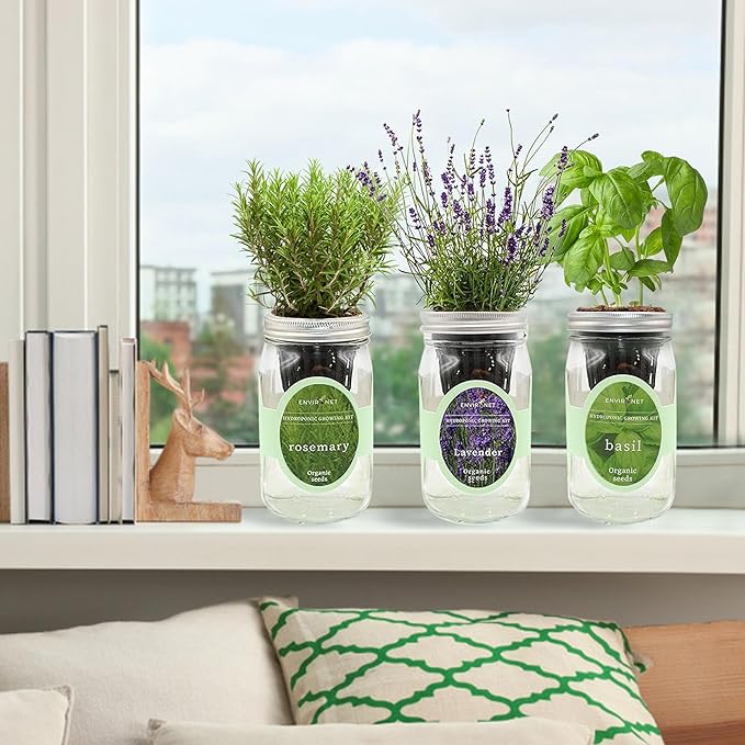 Hydroponic Herb Growing Kit Set, Self-Watering Mason Jar Herb Garden Starter Kit Indoor, New Christmas Gift for Mom (Lavender, Rosemary & Basil)
