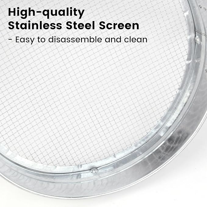 Stainless Steel Soil Sifter with Wood Handle - 14 Inch Large Garden Sieve & Compost Screen Pan for Dirt, Rocks, Gravel & Sand - 2 Heavy Duty Rustproof Replaceable Meshes (6mm & 9mm)