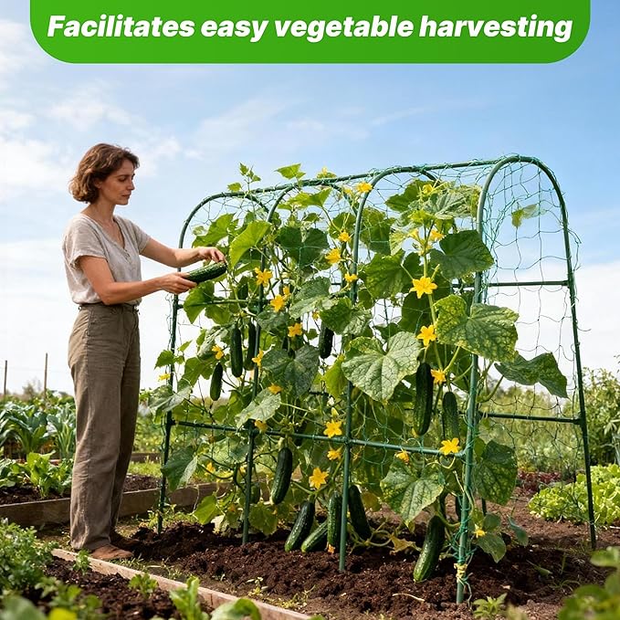 Cucumber Trellis for Raised Garden Bed, U-Shape Plant Support Metel Trellis for Climbing Plants Arch Trellis with Netting for Outdoor Cucumbers,Tomatoes,Vine Climbing Plant(47.2''X32''x47.2''(LxWxH))