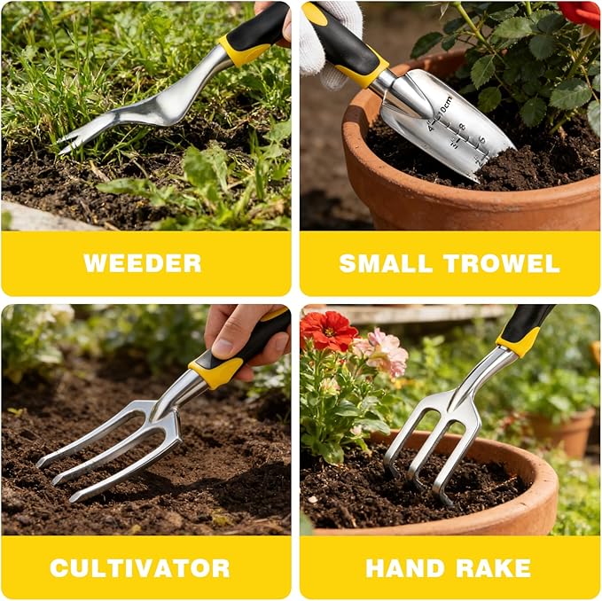 Garden Tools, Ergonomic Gardening Tools, Gardening Hand Tools Aluminum Alloy Material, 7-piece an Ideal Gardening Gift for Women, Men and Parents, Yellow