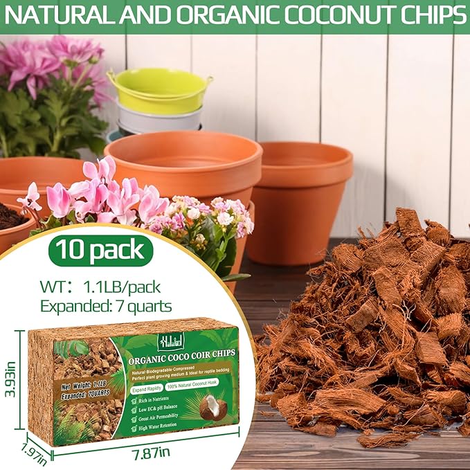 Halatool 10 Pcs Coco Husk Chips for Plants - 11 LB 100% Organic Coconut Coir Chips with Low EC and pH Balanced, Compressed Coco Substrate Growing Mulch Medium for Landscaping, Herbs, Plants, Flowers