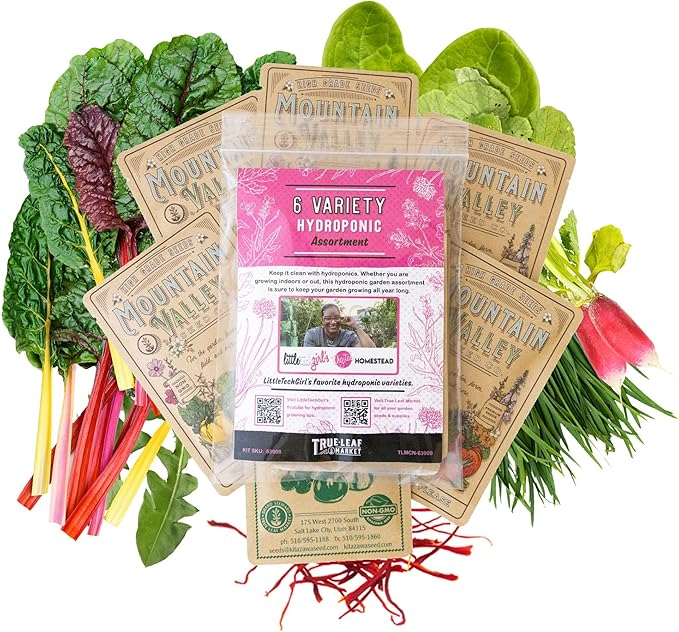 Hydroponic Garden Seed Assortment – 6 Variety Pack for Indoor & Outdoor Growing – Includes Radish, Swiss Chard, Arugula, Garlic Chives, Sorrel & Mustard – Non-GMO, Year-Round Greens