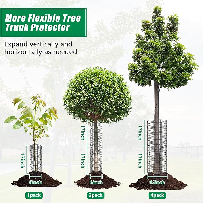 UQM Tree Trunk Protector, 12 Pcs Metal Tree Guards Trunk Protector with Glove & Metal Stakes & Zip Ties, 6 Pack Mesh Tree Bark Protector, Plant Protectors from Deer Animals Mowers Trimmers