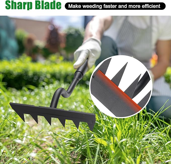Weeding Garden Rake, 6 Tines Adjustable Weed Remover Tool Heavy Duty with Detachable Long Handle, 56 inch Weed Remover Gardening Hand Tool for Lawn, Yard, atio and Backyard