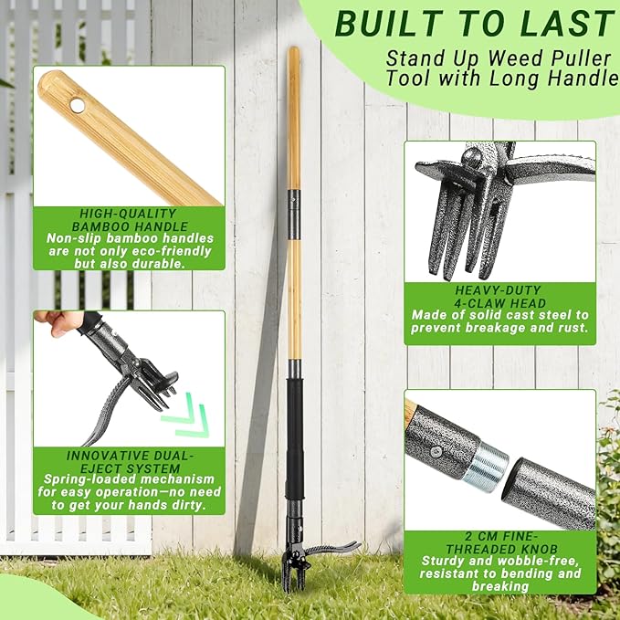 Weed Puller Tool, Heavy Duty Gardening Hand Tools with 4-Claw Steel Head & Dual-Eject Mechanism, 43.5" Bamboo Long Handle Stand Up Weeding Tool for Lawn Yard, Includes 16 Gallon Leaf Bag