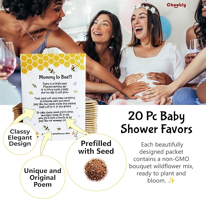 Mommy to Bee Seed Packets | Girl or Boy Baby Shower Favors for Guests | 20 Wildflower Seeds Packets | Pre-Filled | Bouquet Wildflower Mix | Non-GMO Seeds | Gender Neutral | Oh Baby | Gifts