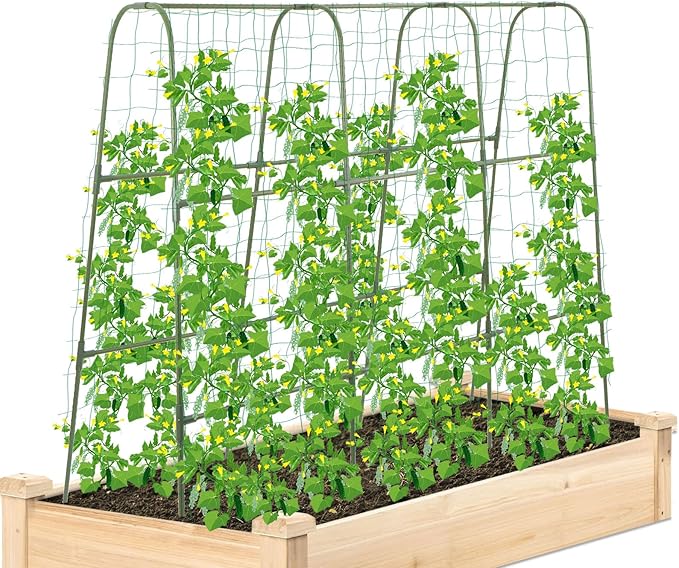 Cucumber Trellis for Raised Bed, 1 Pack 4ft Tall U-Frame, Garden Trellis for Climbing Plants Outdoor, Perfect for Vines, Beans - Green with Netting