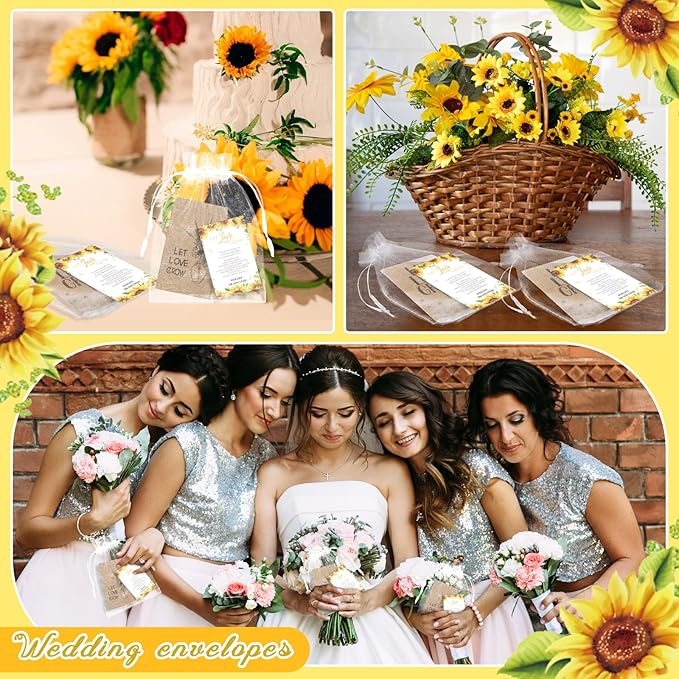 Ireer 301 Pcs Sunflower Wedding Favors for Guests Set Include 1 Wooden Sign 100 Let Love Grow Seed Packets Self Adhesive Wedding Envelopes 100 Let Love Grow Cards 100 Bags for Guest Bridal Shower
