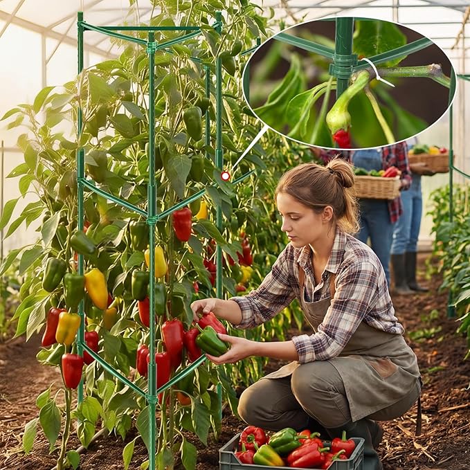 3 Pack Pepper Cages for Garden, 48" Adjustable 1–3 Tier Pepper Plant Support, Heavy Duty Steel Pepper Cage, Rust-Resistant Triangle Frame for Grow Bags, Patio & Raised Beds, Tomato Cage Alternative