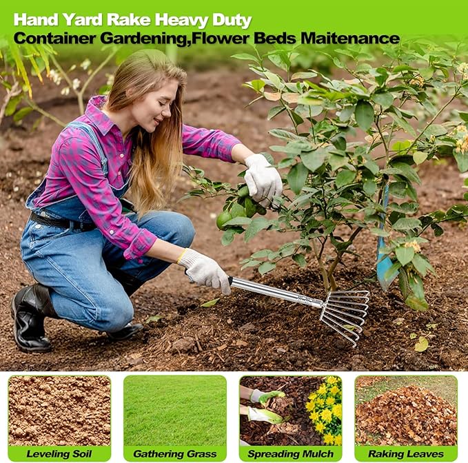 Landscape Rakes for Lawns Leaf Leaves, Small Hand Cultivator, Clam Tool for Cleaning Debris, Weeds, Grass, Pine Needle Remove in Yard, Flower Beds, Herb Rock Garden Care - Stainless Steel