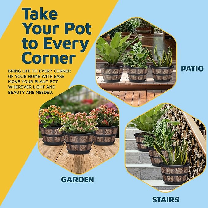 10-Inch Whiskey Barrel Planters Outdoor Pack of 4, Plastic Decoration Plant Pots for Indoor & Outdoor Use with Drainage & Saucer, Rustic Garden Planters for Flowers, Small Plants & Herbs