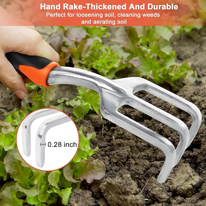 Garden Tools Set, 3 Pack Heavy Duty Gardening Tools Set Include Garden Shovel, Transplant Trowel and Hand Rake with Ergonomic Handle, Aluminum Alloy Lawn for Planting, Orange