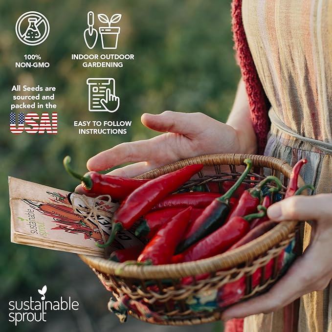 Hot Pepper Seeds for Planting - 7 Heirloom Chili Pepper Seeds Variety Packets Garden Seeds for Planting Cayenne Anaheim Hungarian Wax Pepper Habanero Serrano Poblano, & Jalapeno by Sustainable Sprout