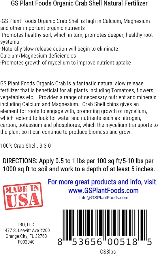 GS Plant Foods Crab Shell Natural Fertilizer, Magnesium & Calcium, Slow Release Micronutrients for Plants, Tomatoes, Flowers & Vegetables 3-3-0, 8 pounds