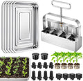 Soil Blocker with 5 Large Stainless Steel Seedling Trays 4 Cell Handheld Seed Blocker 2" Quad Soil Block Maker with 3 Types Seed Pins Water Catch Tray for Seeds Stater Pot Transplant Tray