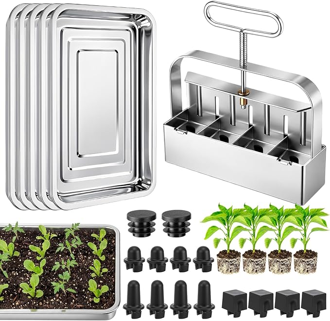 Soil Blocker with 5 Large Stainless Steel Seedling Trays 4 Cell Handheld Seed Blocker 2" Quad Soil Block Maker with 3 Types Seed Pins Water Catch Tray for Seeds Stater Pot Transplant Tray
