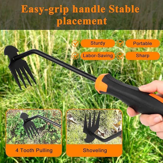 Weed Puller Tool, New Durable Garden Hand Weed Tool with Rubber Handle, Enhanced Weed Remover Tool, 4 Teeth Manganese Steel Forged Hand Weeder for Vegetable Gardening, Backyard, Farm, Planting